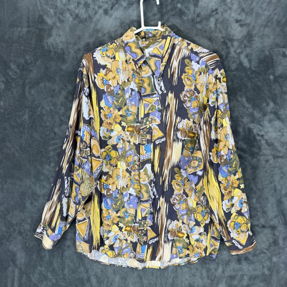 Nogaret Paris Mens Large Abstract Floral Rayon‎ Button Down Shirt Yellow Purple